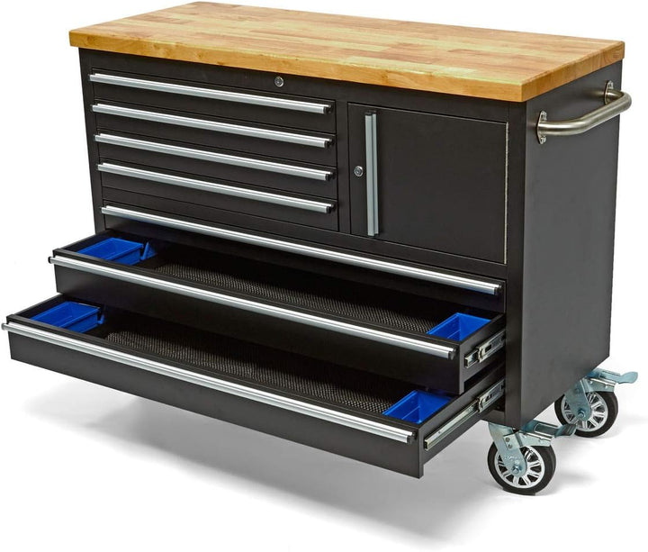 HBM Mobiler Werkzeugwagen mit Holzarbeitsplatte - 122 cm - Schwarz