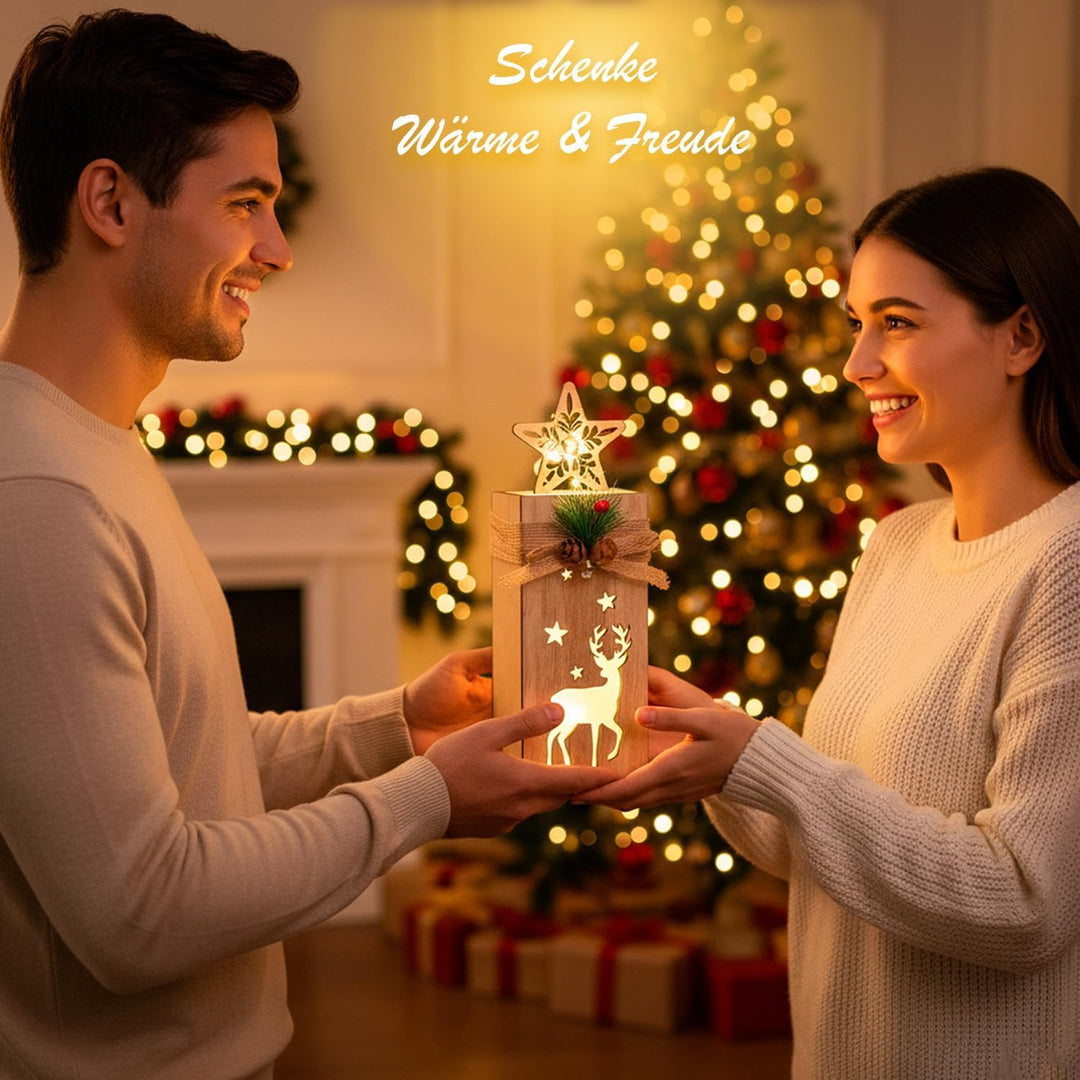 Holz Weihnachtsdeko mit LED Licht I 2er Set beleuchtete Holzdeko Weihnachten mit Elch &amp; Stern I Weih