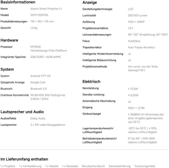 Xiaomi L1 Smart Beamer 1080P Full HD mit Google TV &amp; Netflix, Tragbarer Heimkino Projektor, Autofoku