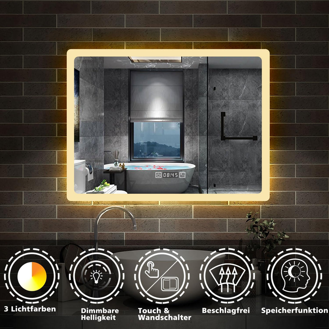Aica Sanitär LED Badspiegel 80×60cm mit Uhr 3 Lichfarbe dimmbar Memory Wand/Touchschalter Anti-Besch