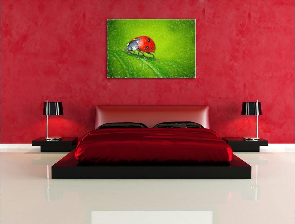 Pixxprint Marienkäfer auf Blatt als Leinwandbild/Grösse: 100x70 / Wandbild/Kunstdruck/fertig bespann