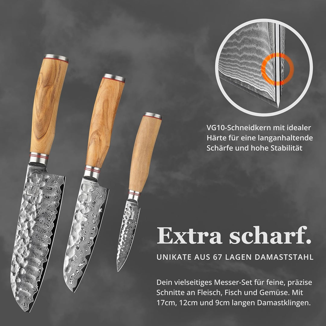 zayiko Minami Premium 3er Damastmesser-Set mit Klingen von 9-17 cm gefertigt aus 67 Lagen echtem Dam