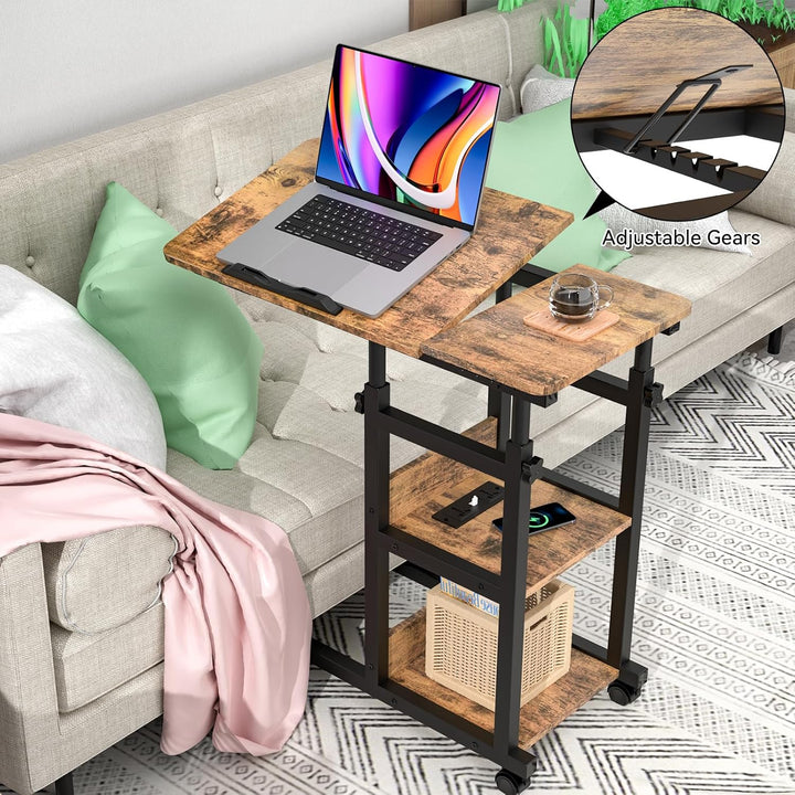PIPIPOXER Beistelltisch mit Rollen, 80cm x 40 cm Sofatisch Rollen mit Steckdose & USB, Laptoptisch H