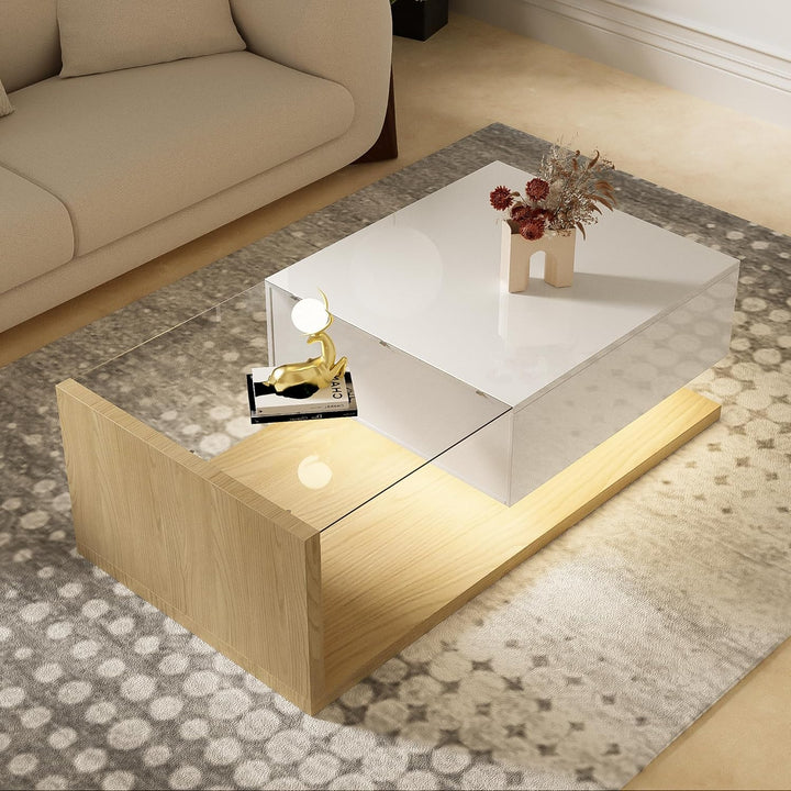 Merax Wohnzimmertisch, LED Couchtisch mit Schubladen, Hochglanz Kaffeetisch mit Stauraum, Modern Cof