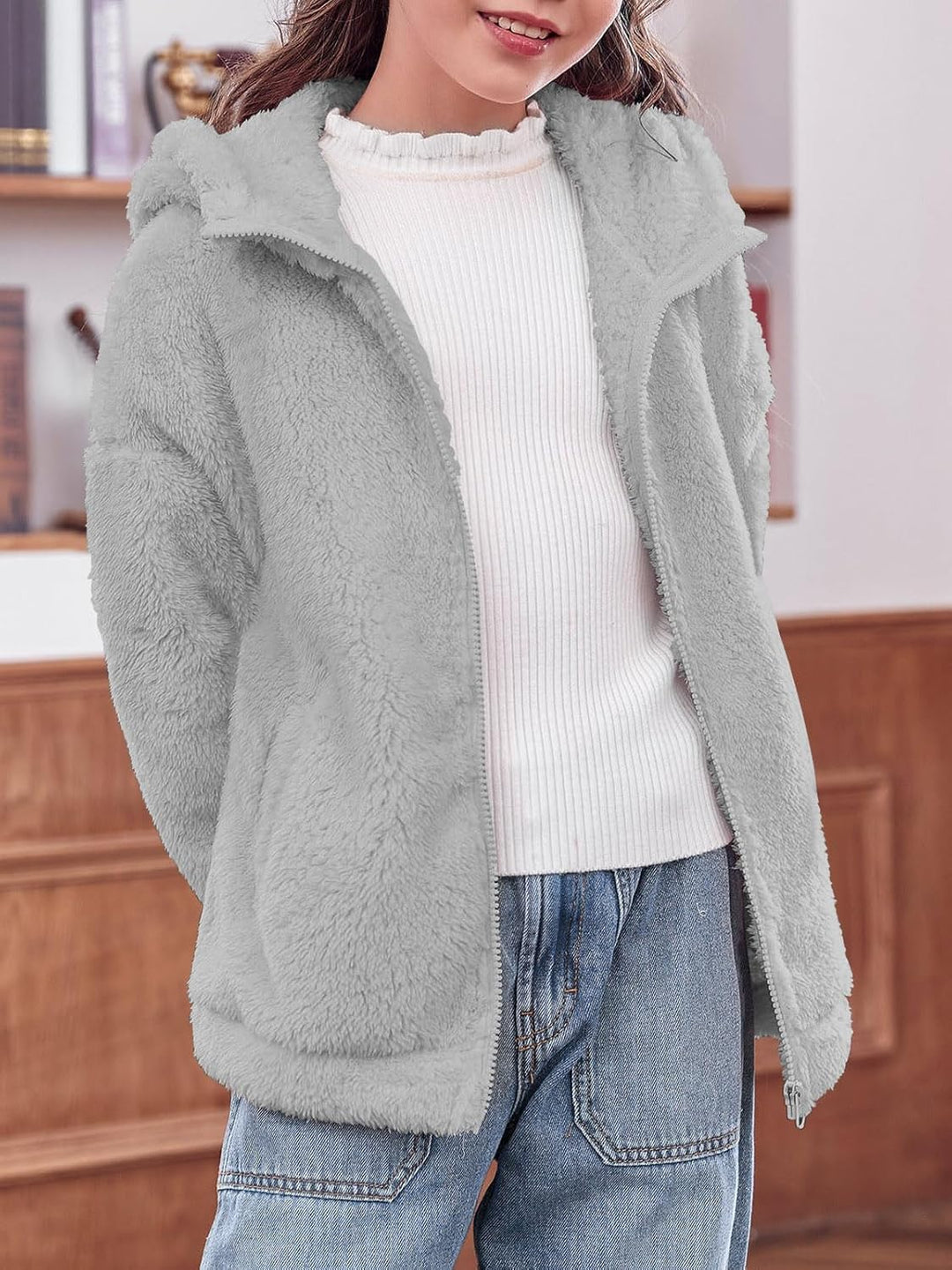 Haloumoning Mädchen Fleece Jacken Kinder Weich Fuzzy Kapuzenpullover Winter Coat Jacke 7-8 Jahre Gra