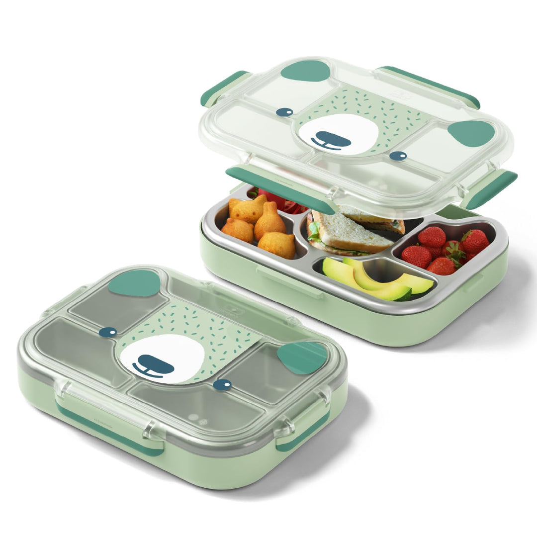 monbento - Kinder Lunchbox Wonder grün Bear - Brotdose Kinder mit Fächern - Edelstahl-Esstablett mit
