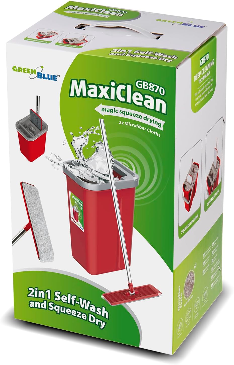 GreenBlue MaxiClean GB870 Flachmopp mit Eimer und Auswringer | 2 Mikrofaser-Einsätze Zweikammersyste