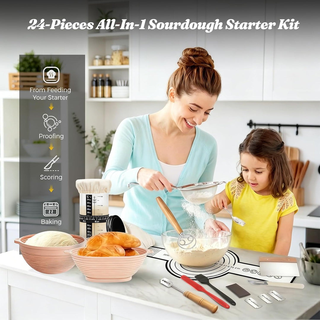 24 Stück Sauerteig Starter Set,Klappbare Brotbackset mit 23cm Rund,25cm Oval Silikon Gärkörbchen,Bro