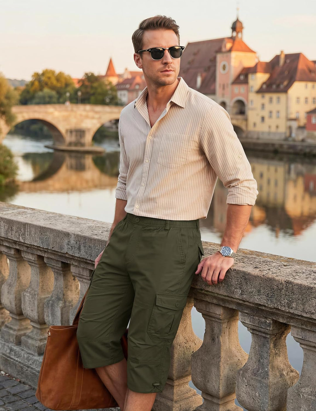 KEFITEVD 3/4 Hose Herren Cargo Shorts Männer Bermuda Shorts Multi Taschen Sommer Kurze Hose Baumwoll