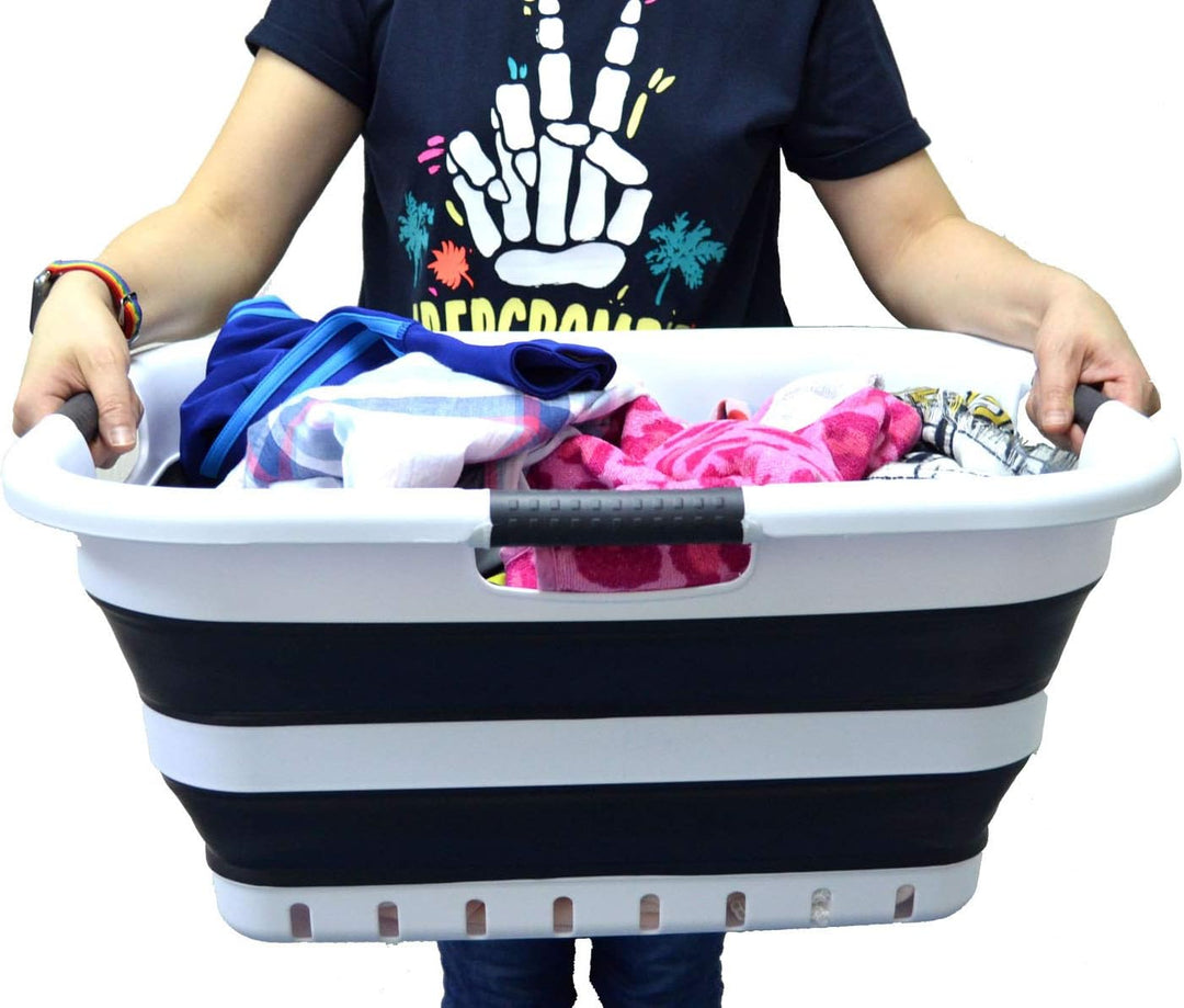 SAMMART 41L Collapsible 3 Handled Plastic Laundry Basket - Foldable Pop Up Storage Container/Organiz