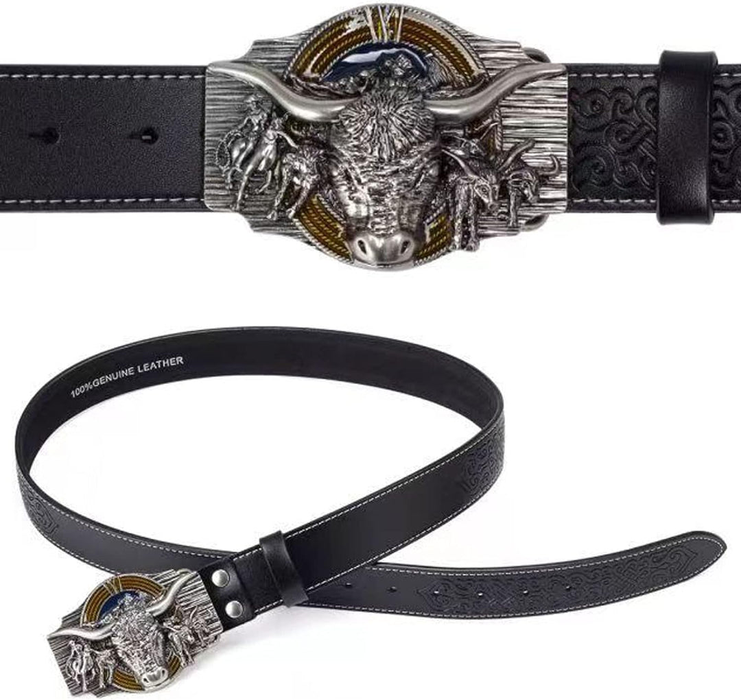 WRJAHCG Gürtel Western für Cowboy, Vintage Long Horn Bull Rodeo Western Cowboy Gürtel,Silver red,120