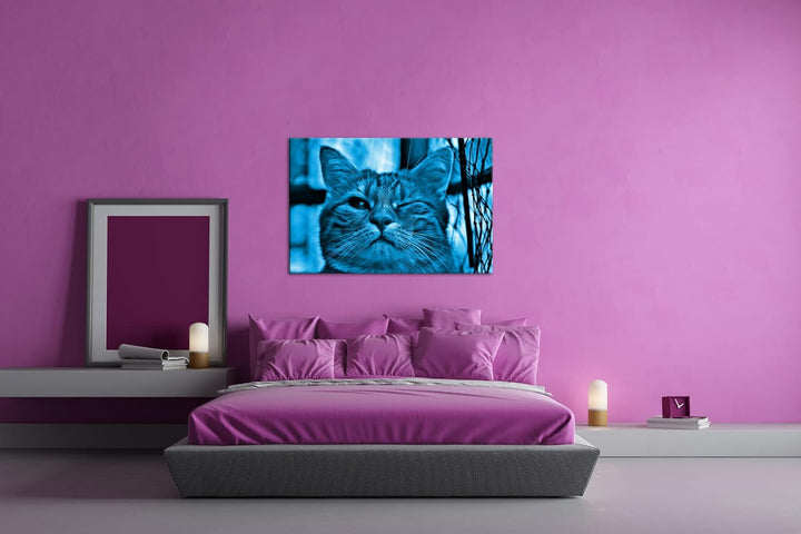 deyoli zwinkernde Katze Format 80x60 Effekt: Monocrome Blau als Leinwandbild, Motiv fertig gerahmt a
