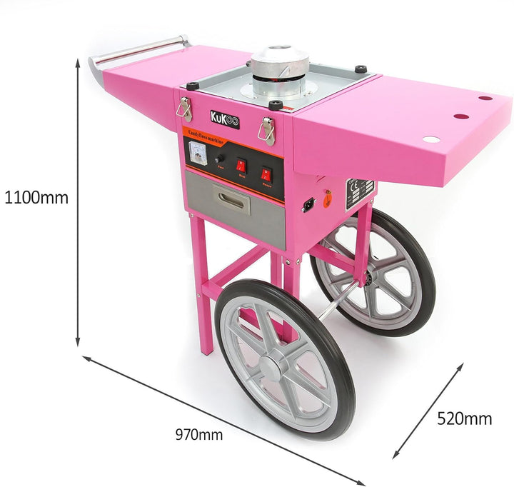 KuKoo Rosa Zuckerwattemaschine Zuckerwattegerät Zuckerwatte mit Wagen, Schubfach und 500 Holzstäbche