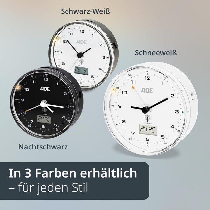ADE Funk wecker analog ohne Ticken | Uhr mit Temperaturanzeige und Kalender | lautloser analoger Wec