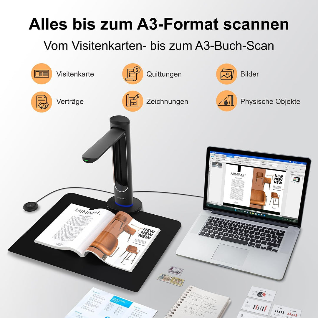 VIISAN K48 A3 Overhead Buchscanner – 48MP Sensor, 600 DPI, Automatische Seitenkrümmung-Glättung, Las