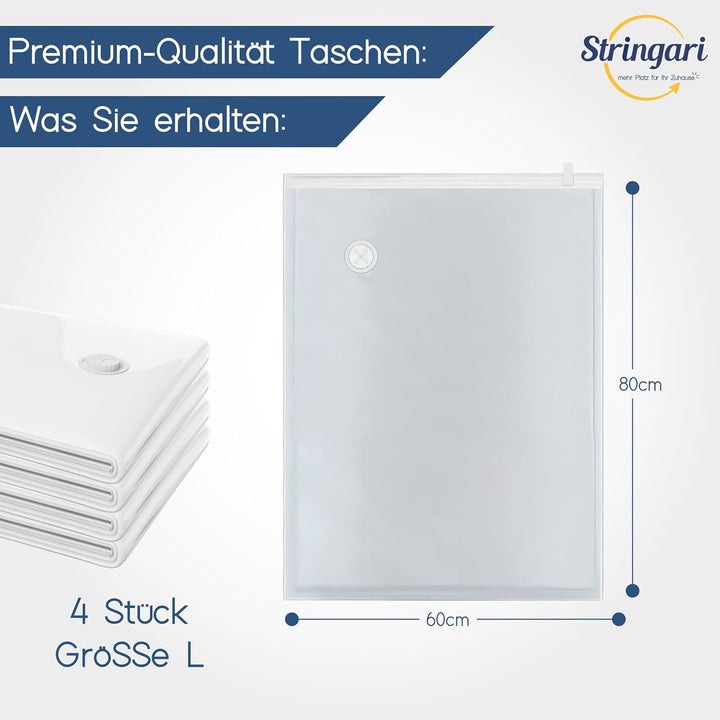 Stringari Vakuumbeutel für Kleidung Staubsauger 4er Set L 80x60 – Vakuumbeutel für Bettdecken von Hö