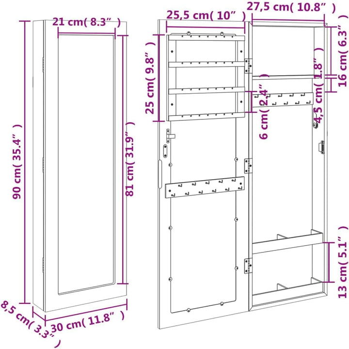 vidaXL Schmuckschrank mit Spiegel Wandmontage Weiss 30x8,5x90 cm, Weiss