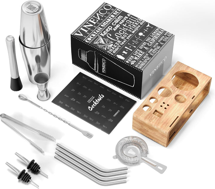 Cocktail Shaker Set Boston mit Ständer & Rezeptbuch: Premium Edelstahl Bar Cocktailset Cocktailshake