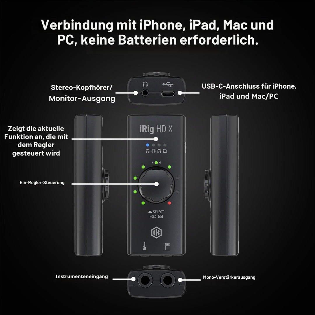 IK Multimedia iRig HD X Gitarren-Interface (Multi-Color LED Signalanzeige, integriertes Stimmgerät,