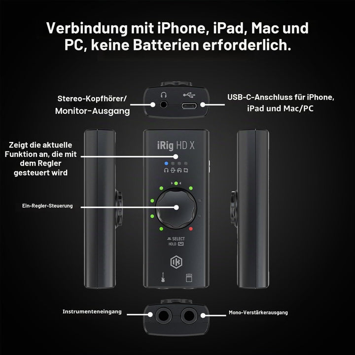 IK Multimedia iRig HD X Gitarren-Interface (Multi-Color LED Signalanzeige, integriertes Stimmgerät,