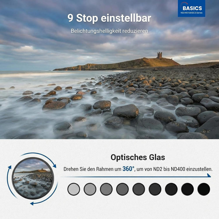 NEEWER BASICS 49mm variabler ND Filter, ND2-400 1-9 Stops Lichtreduzierung, drehbarer variabler Grau