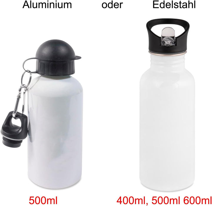 Trinkflasche mit Name/wahlweise 400ml, 500ml oder 600ml + Schriftwahl für Name + Edelstahl oder Alum