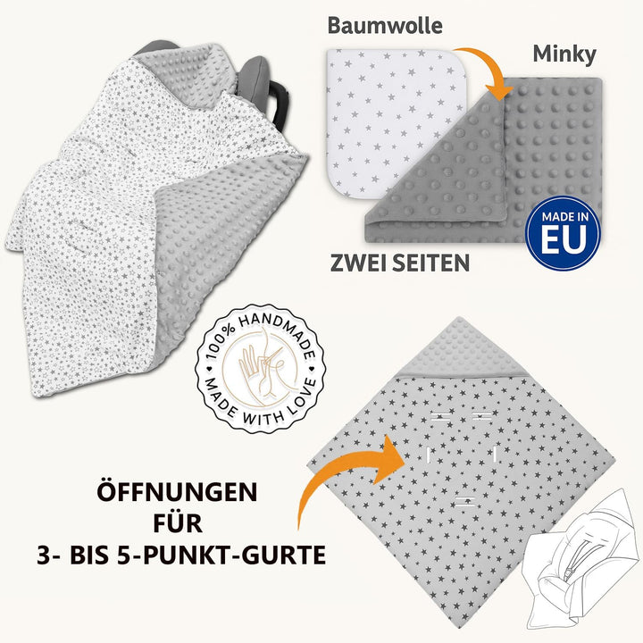 Baby Einschlagdecke Doppelseitig 86x86 cm Minky-Plüsch für Kinderwagen und Babybett (Grau Minky-Stör
