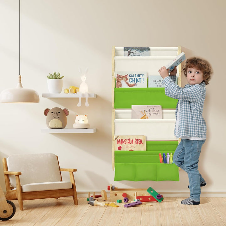 Bücherregal Kinder Wand Kinderbücherregal Montessori mit 4 Ablagen &amp; 3 Taschen Kinderregal Wandregal