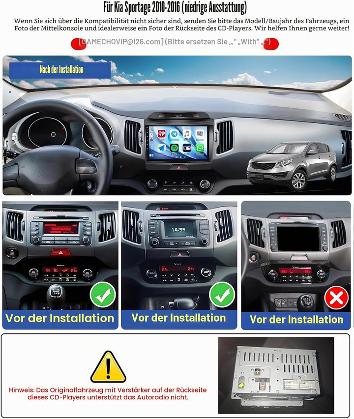 CAMECHO 4G+64G Android 15 Autoradio für Kia Sportage 3 III SL 2010-2016 mit Navi Carplay Android Aut