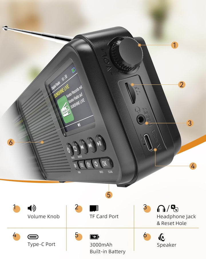 Tragbares DAB+ Radio mit Bluetooth, UKW/DAB Digitalradio mit 2,4" Farbdisplay, 80 Senderspeicher, 30