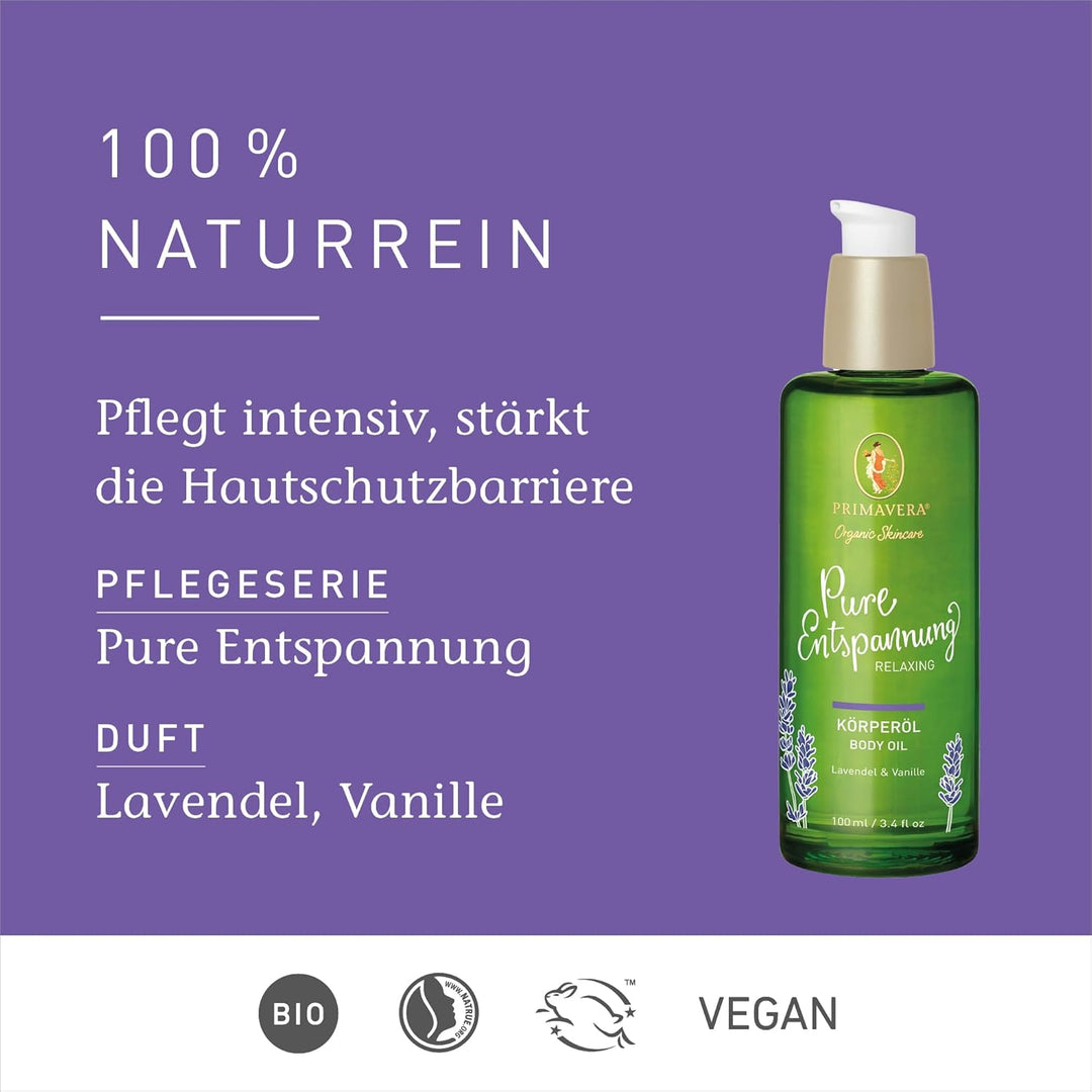 PRIMAVERA Pure Entspannung Körperöl 100 ml – Naturkosmetik – Lavendel, Vanille Duft – beruhigend, pf