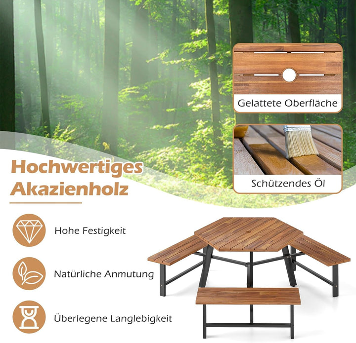 COSTWAY Picknicktisch Set für 6 Personen, Gartentisch aus Akazienholz mit Schirmloch &amp; 3 Bänken, Ter