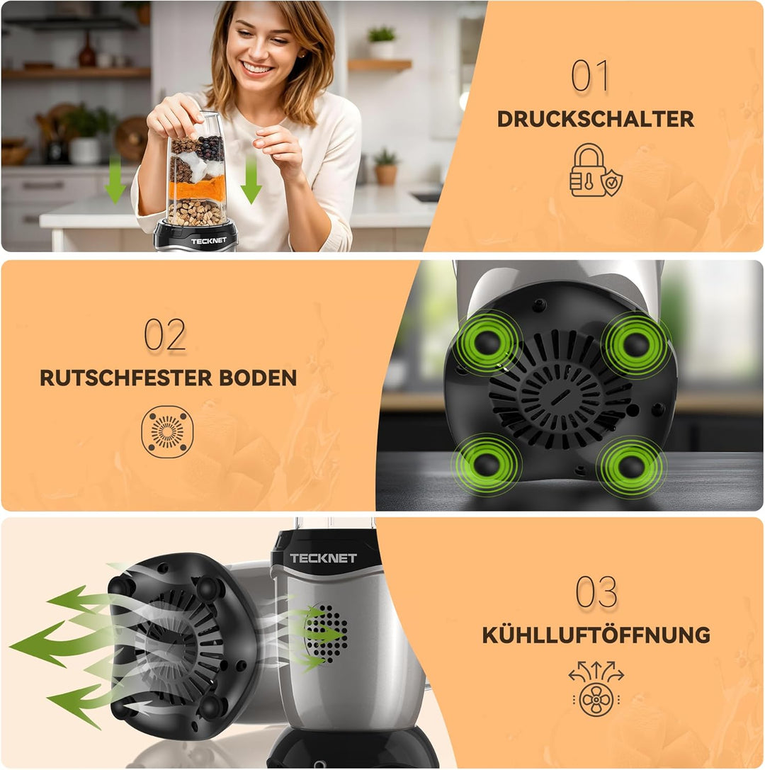 TECKNET Smoothie Maker, 600W Mini Mixer Smoothiemixer mit 4 Edelstahl Blatt, Tragbarer Standmixer 50