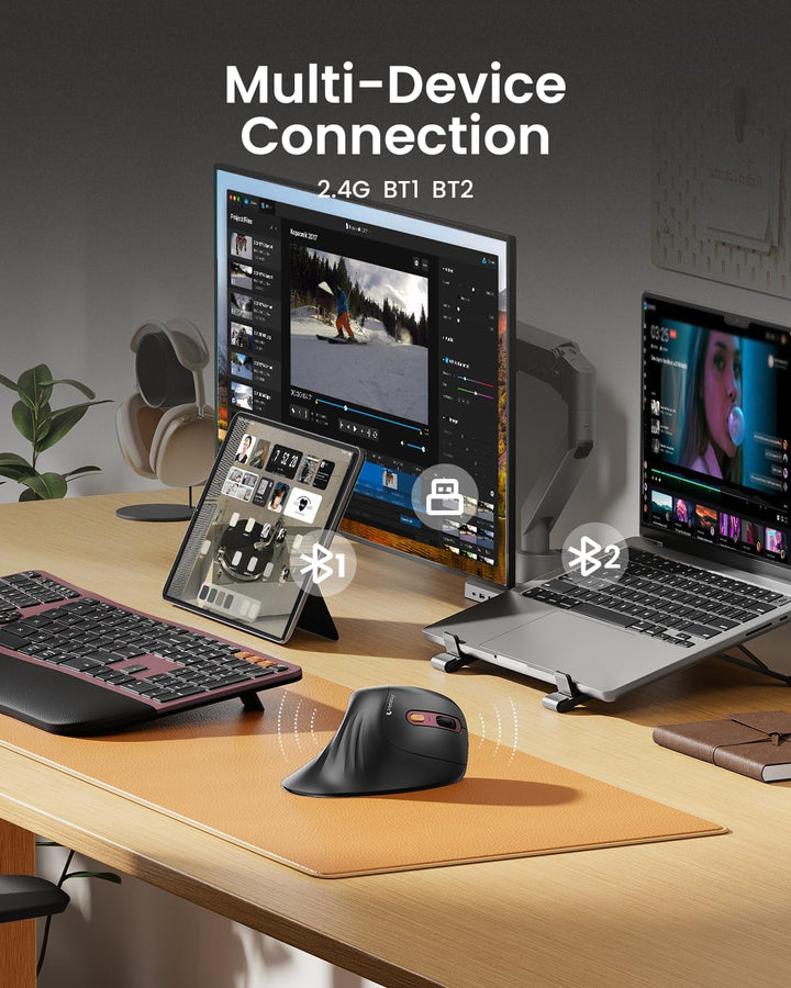 ProtoArc EM11 NL Ergonomische Vertikale Maus, Kabellos Aufladbar Mouse mit 3 Gerät (2*Bluetooth+USB)