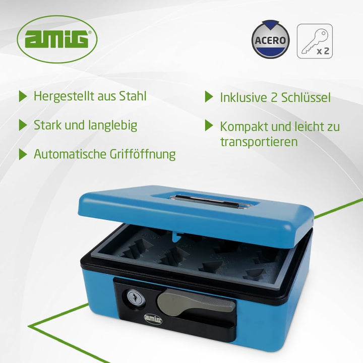 Amig - Geldkassette aus Stahl | Sicherheitszylinder & 2 Schlüssel | Münzschale & Tragegriff | Vielse