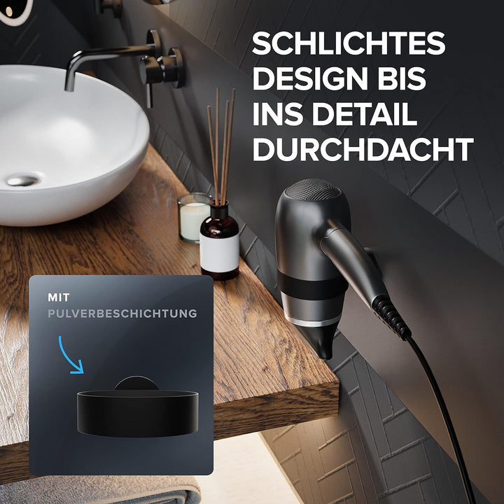 Haartrocknerhalter Kvitoya | Edelstahl | schwarz matt | mit Wandmontage zum Bohren | mit Fönpolsteru