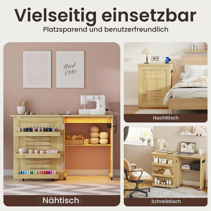 Gurexl 2 in 1 Nähtisch klappbar mit Ladestation und Led Beleuchtung,Nähmaschinentisch mit Ablagefach