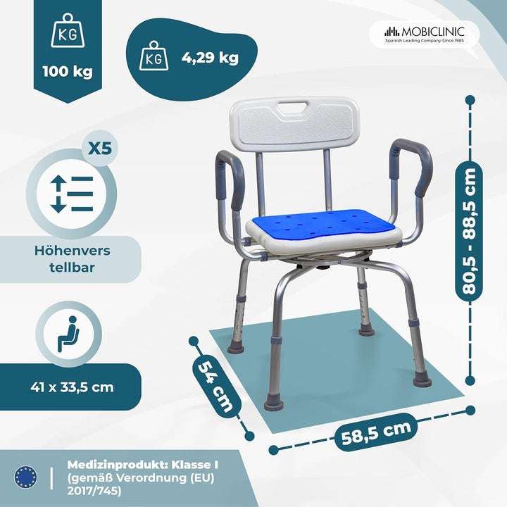 Mobiclinic®, 360° Drehbarer Duschstuhl, Armlehnen und Rückenlehne, Höhenverstellbar, Sitzfläche mit