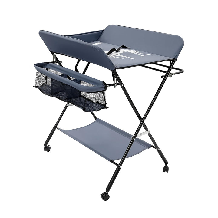 Wickeltisch Klappbar mit Rollen, Baby Wickelkombi Wickelkommode mit Wickelauflage, Sicherheitsgurt &amp;