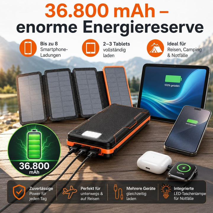Solar Powerbank 36.800mAh, 4 Solarpanels, 15W Schnellladen, USB-C & QC 3.0, LED-Taschenlampe, Outdoo