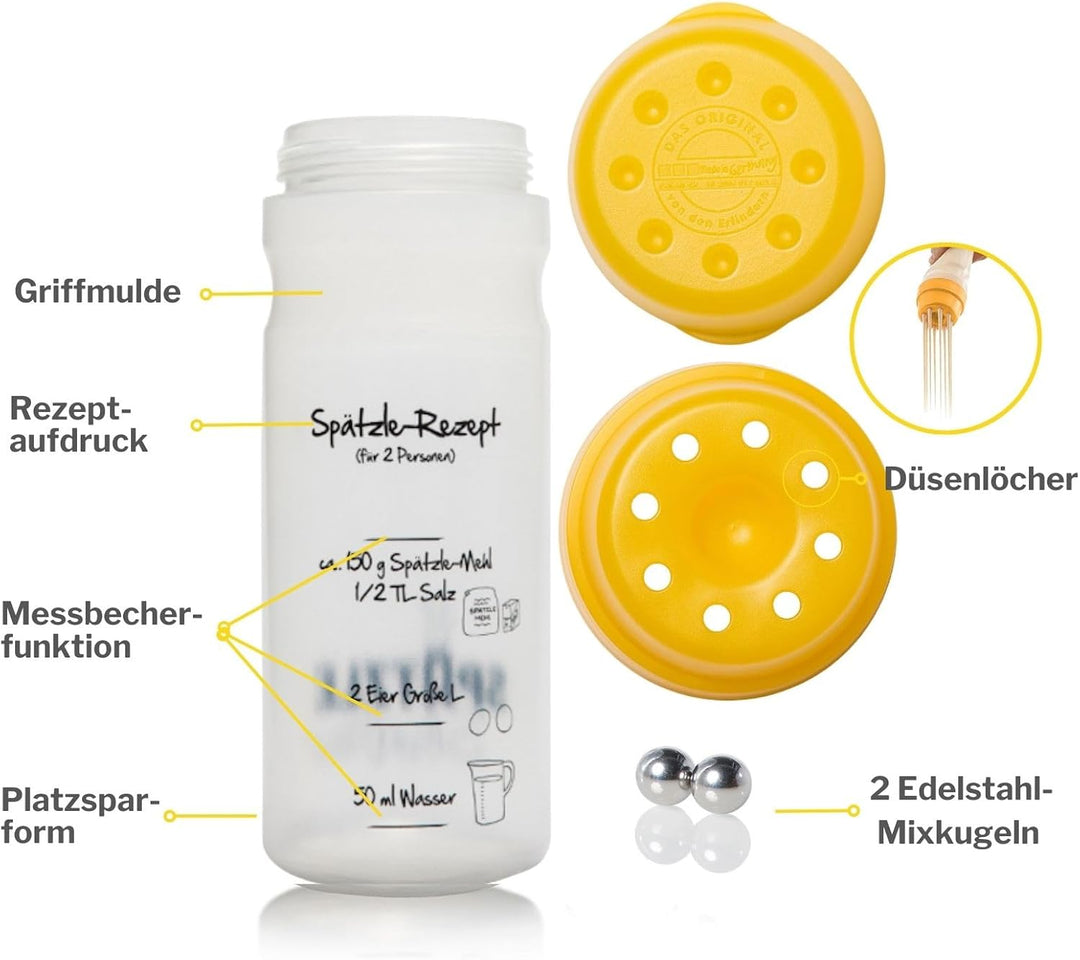 Spätzle-Shaker (GELB) für 2 Portionen selbstgemachte Spätzle (675ml) Spätzlepresse und Mixer in eine