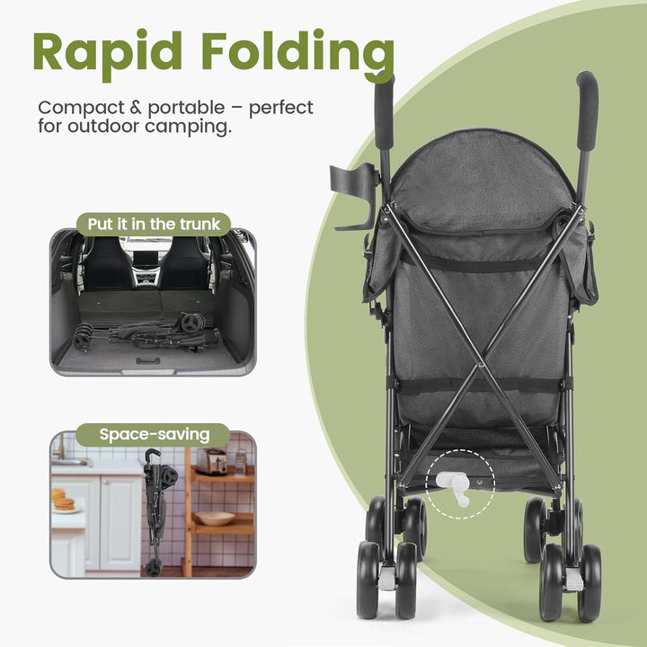 Einhändig klappbarer, leichter Kinderwagen, grosser Aufbewahrungskorb, Verdeck, Getränkehalter, komp