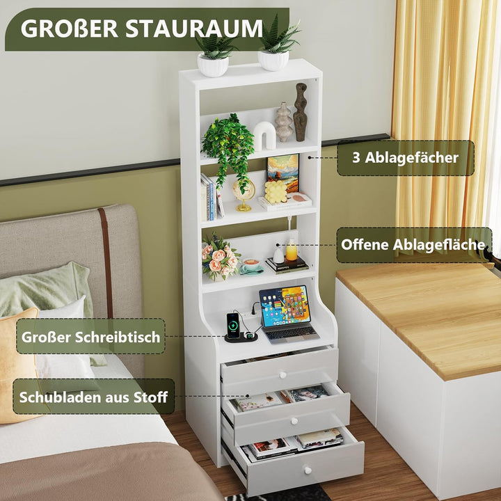 PIPIPOXER Nachttisch Mit Steckdose &amp; USB, Weiss Hochglanz Mit 3 Schubladen, Modern für Wohn- und Sch