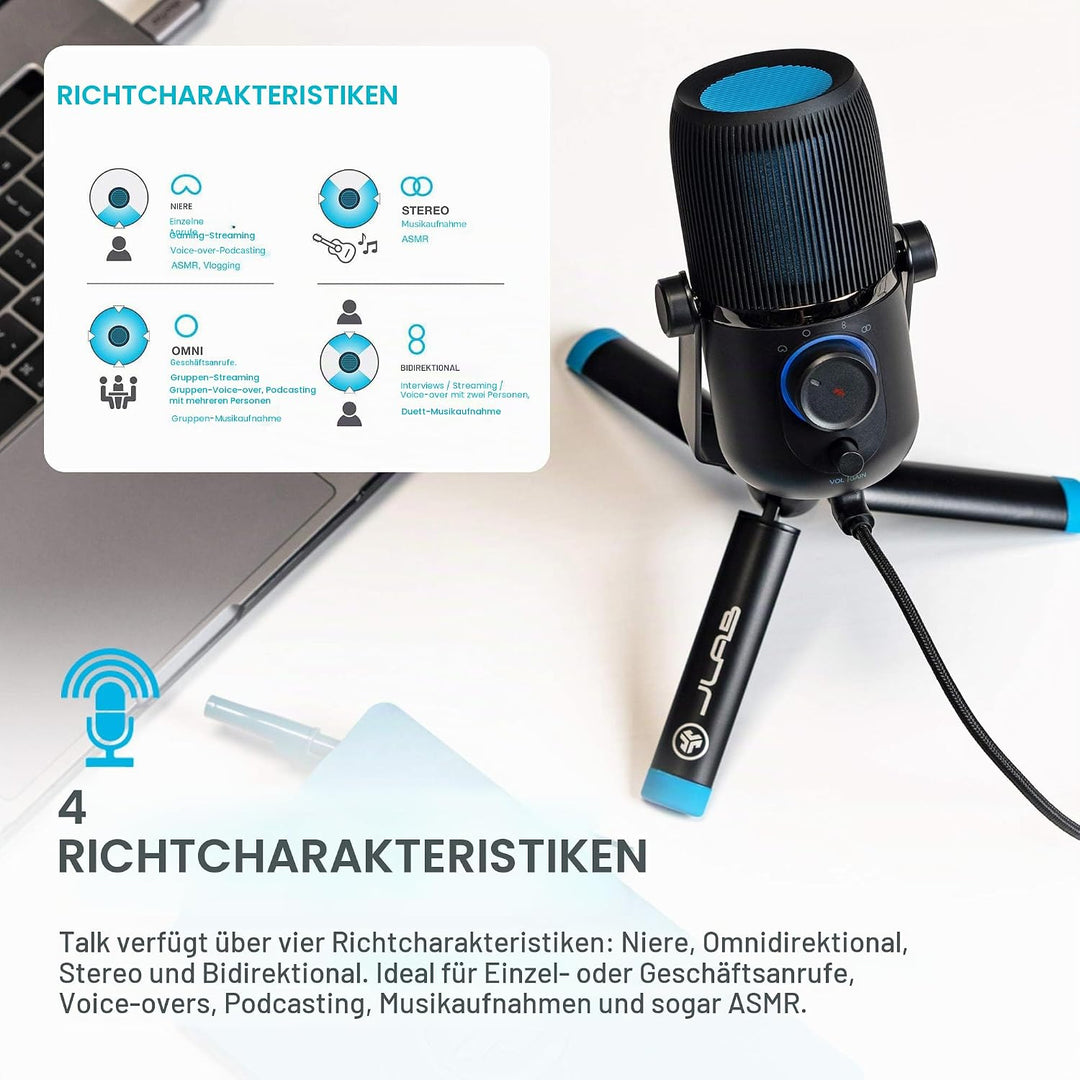 JLab Talk USB Mikrofon PC Plug und Play mit USB-C, 4 Richtcharakteristiken, Lautstärkeregelung und S