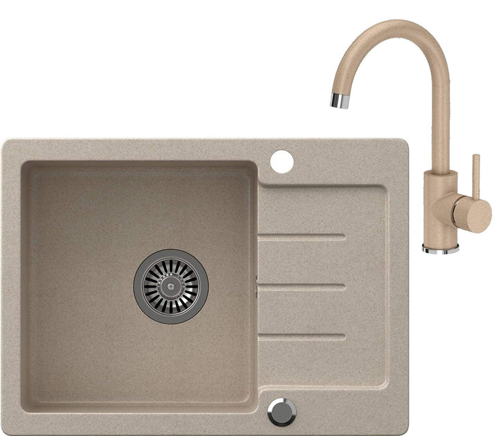 VBChome Spülbecken Beige Granit 60 x 44 cm Einzelbecken Einbauspüle gesprenkelt reversibel Verbundsp