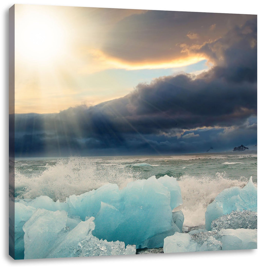 Pixxprint Blaues Polareis im Sonnenschein, Format: 70x70 auf Leinwand, 70x70