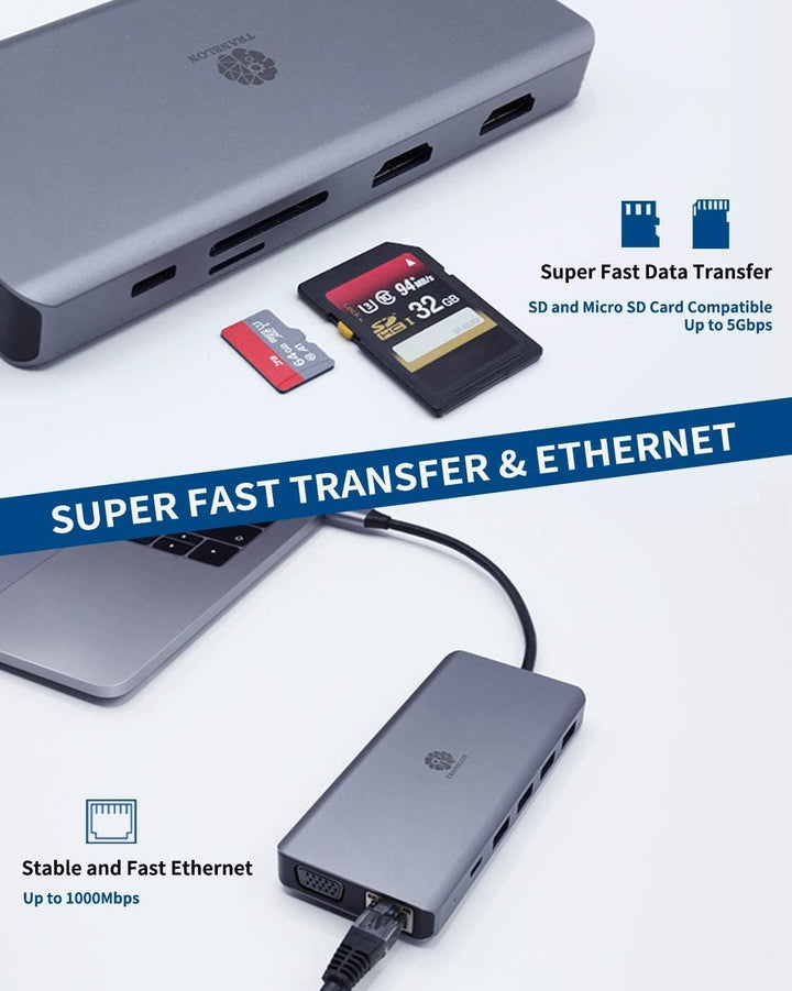 TRANSLON USB C Hub, Kompakte Dockingstation, 13 in 1, Triple Display, PD 100W, 2X HDMI, 1x VGA, 4X U