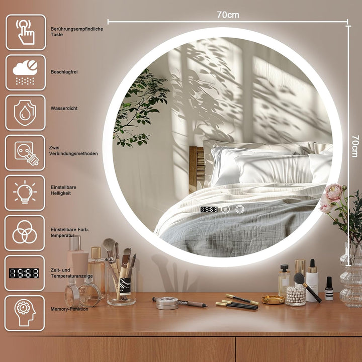 YU YUSING Badspiegel LED Rund Badezimmerspiegel mit Beleuchtung 70x70cm, 3 Lichtfarbe Einstellbare,