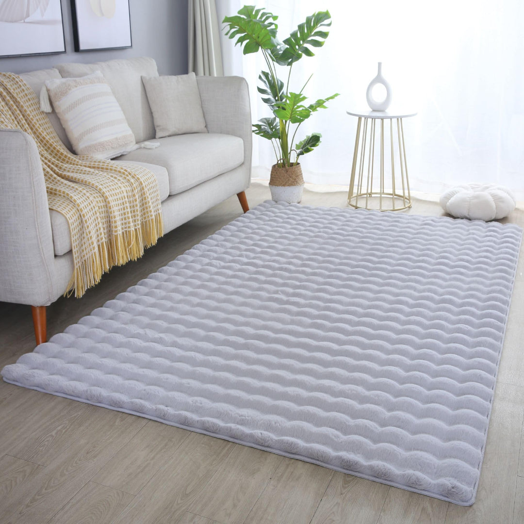 Carpetsale24 Teppich Wohnzimmer Moderne Einfarbig 3D Hoch-Tief Struktur Design Silberfarbe 80x250 cm