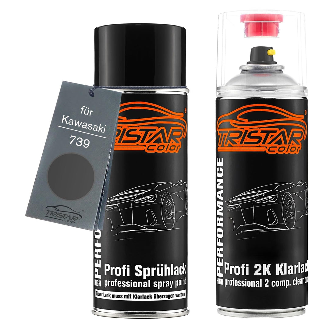 TRISTARcolor Motorradlack 2K Spraydosen Set für Kawasaki 739 Flat Spark Black Metallic Basislack 2 K